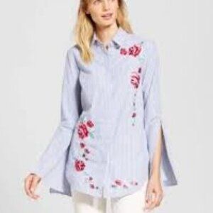 Merona Womens Blouse Boho Floral Embroidered Cotton Plus Size Striped Shirt XXL